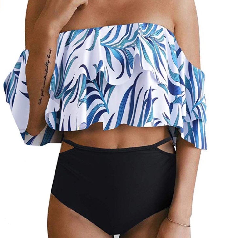 Women Two Piece Off Shoulder Ruffled Flounce Crop - Picture 1 of 3